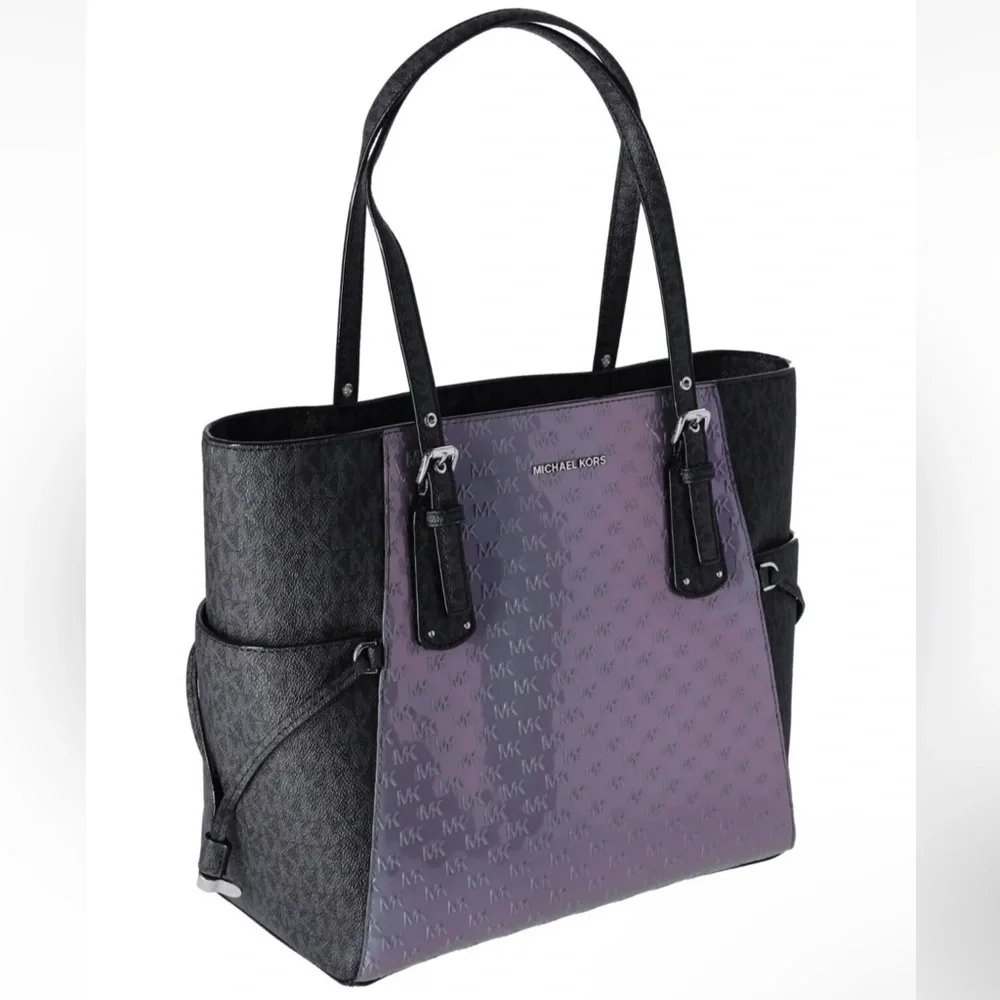 Michael Kors Voyager Travel Shoulder Tote Heather Grey Patent Leather Black MK